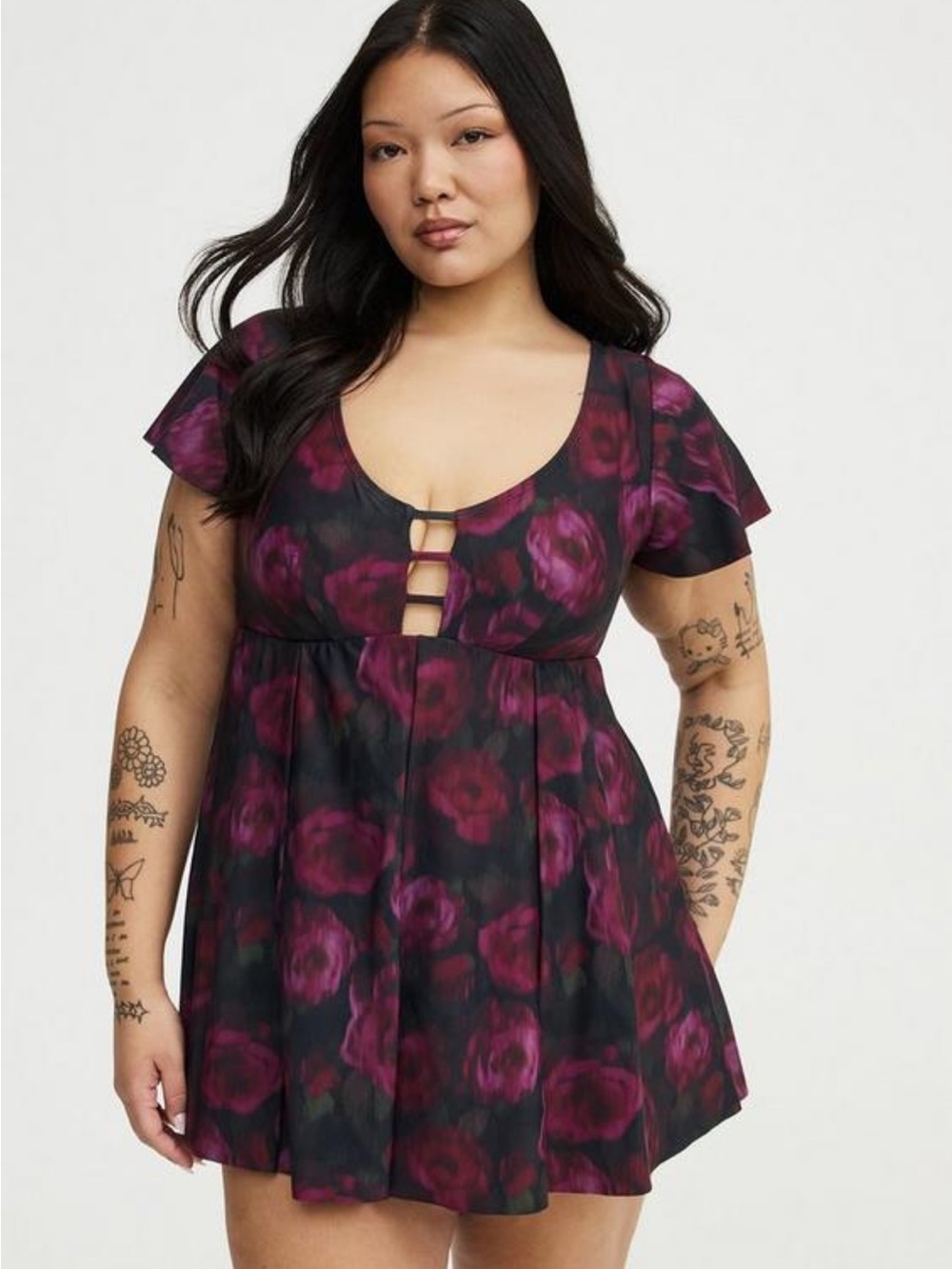 4X torrid Black Floral One-Piece Swimdress with Plum Roses